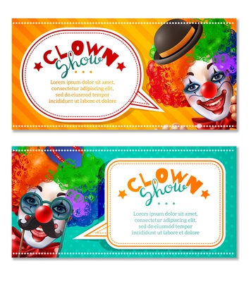 Circus show 2 horizontal advertisement banners with clowns head in bright multi color wig invitation isolated vector illustration