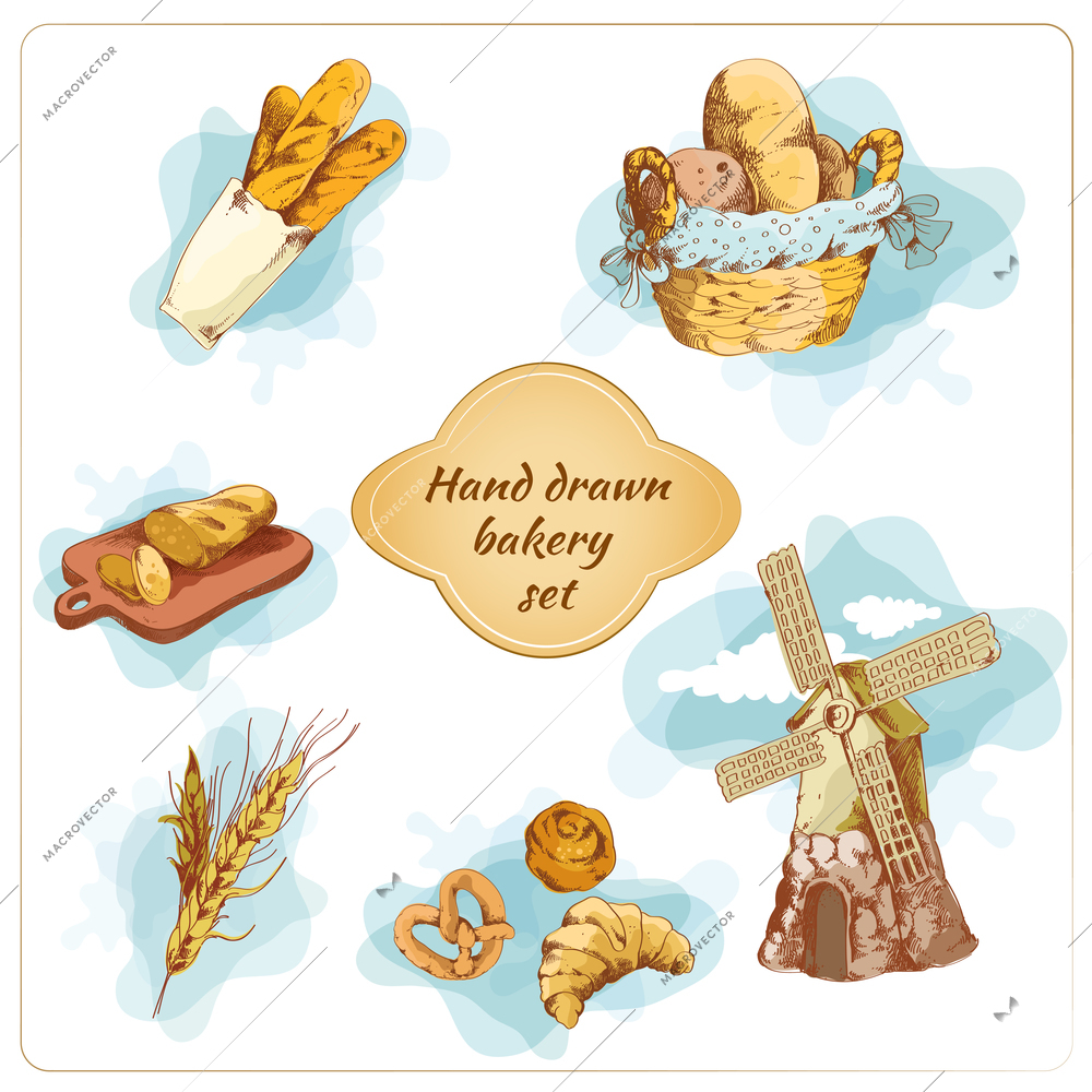 Bakery bread and pastry food hand drawn decorative elements set vector illustration