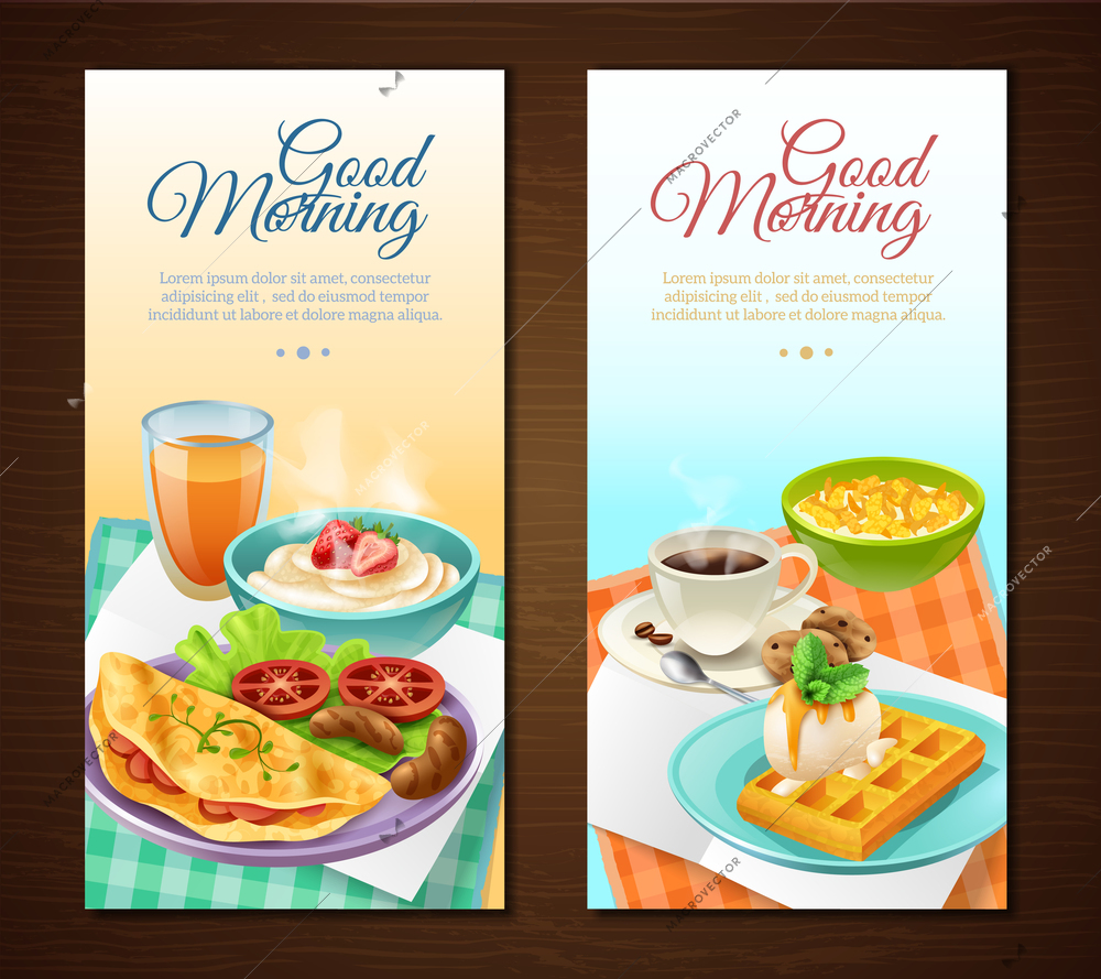 Breakfast vertical banners with coffee juice cereal sausages omelette with vegetables waffles with cream isolated vector illustration