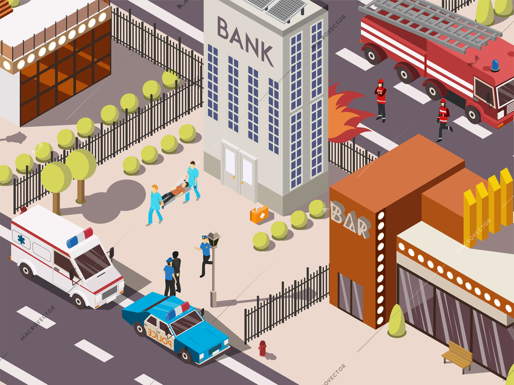 Isometric 3d rescue service composition with fire engine police and ambulance cars near bank building vector illustration