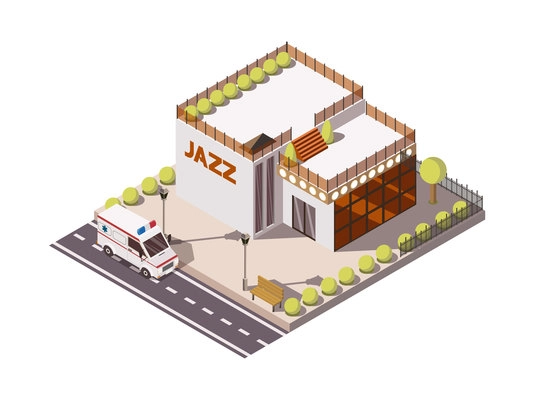 Isometric set of rescue service ambulance car near building with jazz sign 3d vector illustration