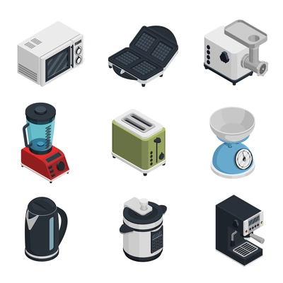 Kitchen appliances isometric icons set with toaster teapot and coffee machine isolated vector illustration