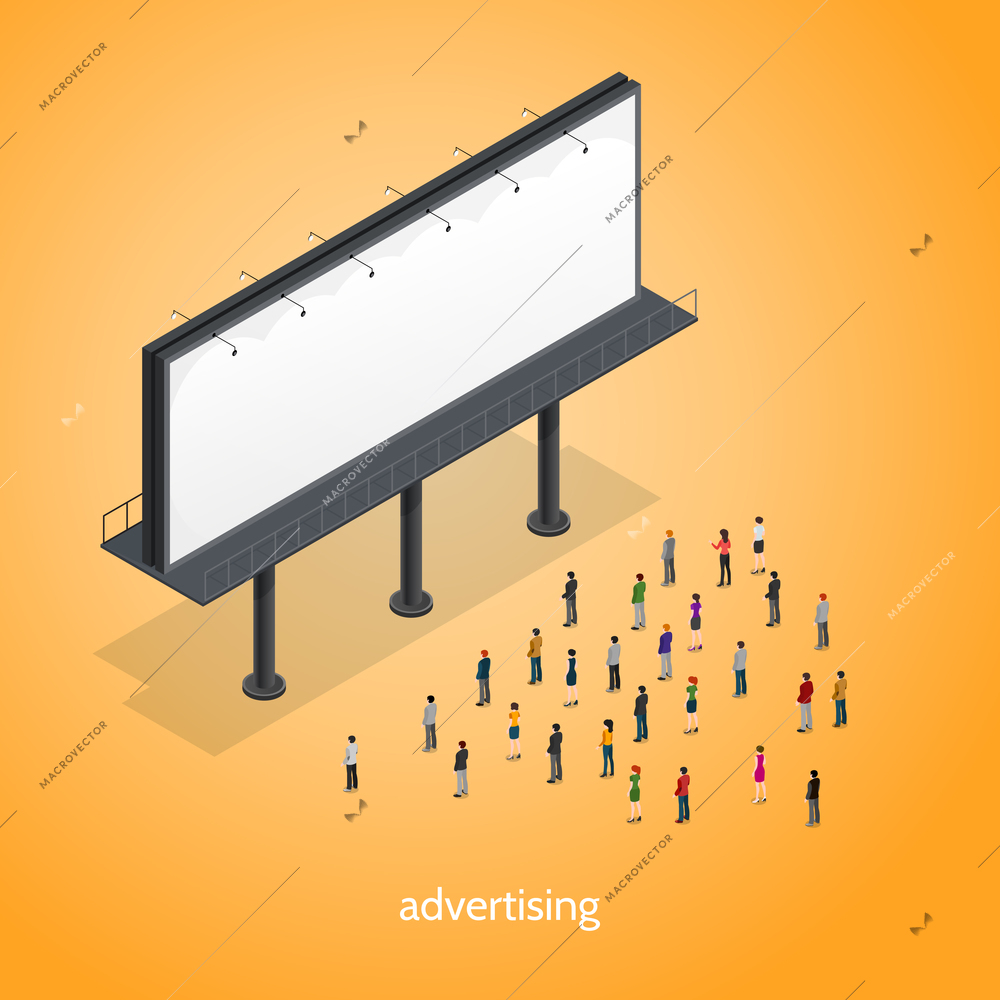 Advertising isometric concept with people on orange background isometric vector illustration