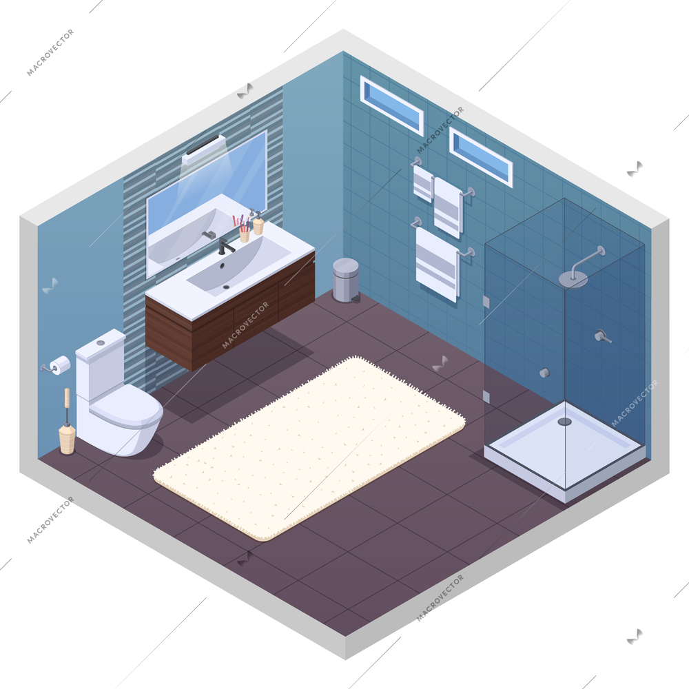 Bathroom isometric interior with glossy shower unit lavatory bowl vanity basin mirror and soft bath mat vector illustration