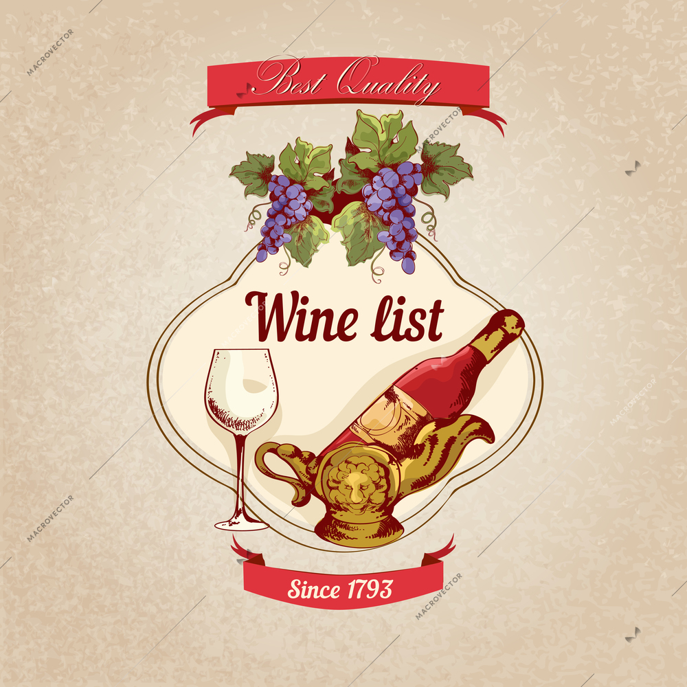 Wine best quality restaurant list card with grape bottle and glass poster vector illustration