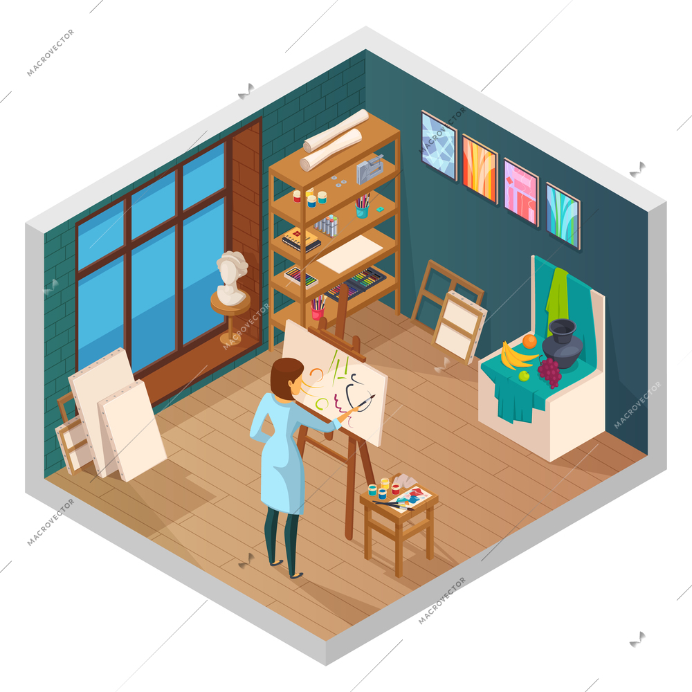 Art studio isometric interior of classroom with window shelves paintings and female painter character at work vector illustration