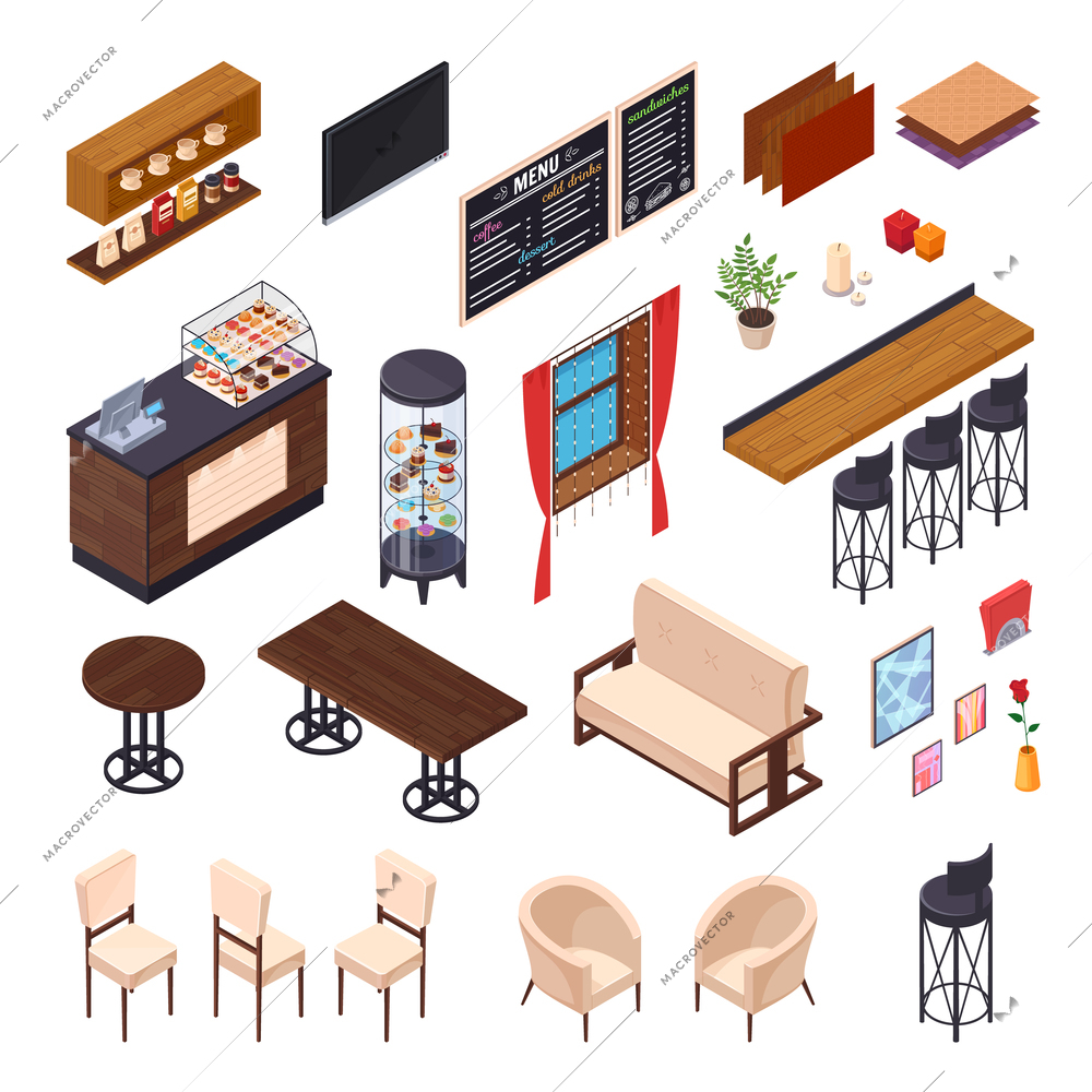 Cafe interior restaurant pizzeria bistro canteen isometric elements set of isolated furniture and shop display images vector illustration