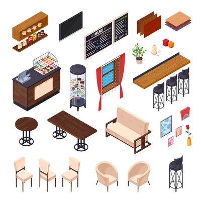 Cafe interior restaurant pizzeria bistro canteen isometric elements set of isolated furniture and shop display images vector illustration