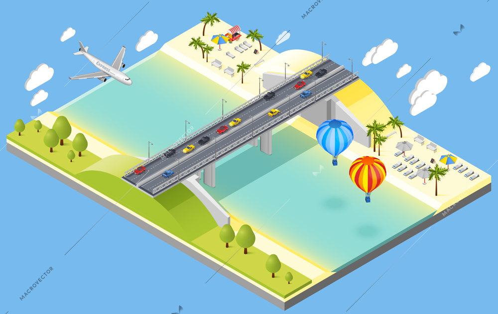Bridge and beach resort isometric composition with plane and cars isometric vector illustration