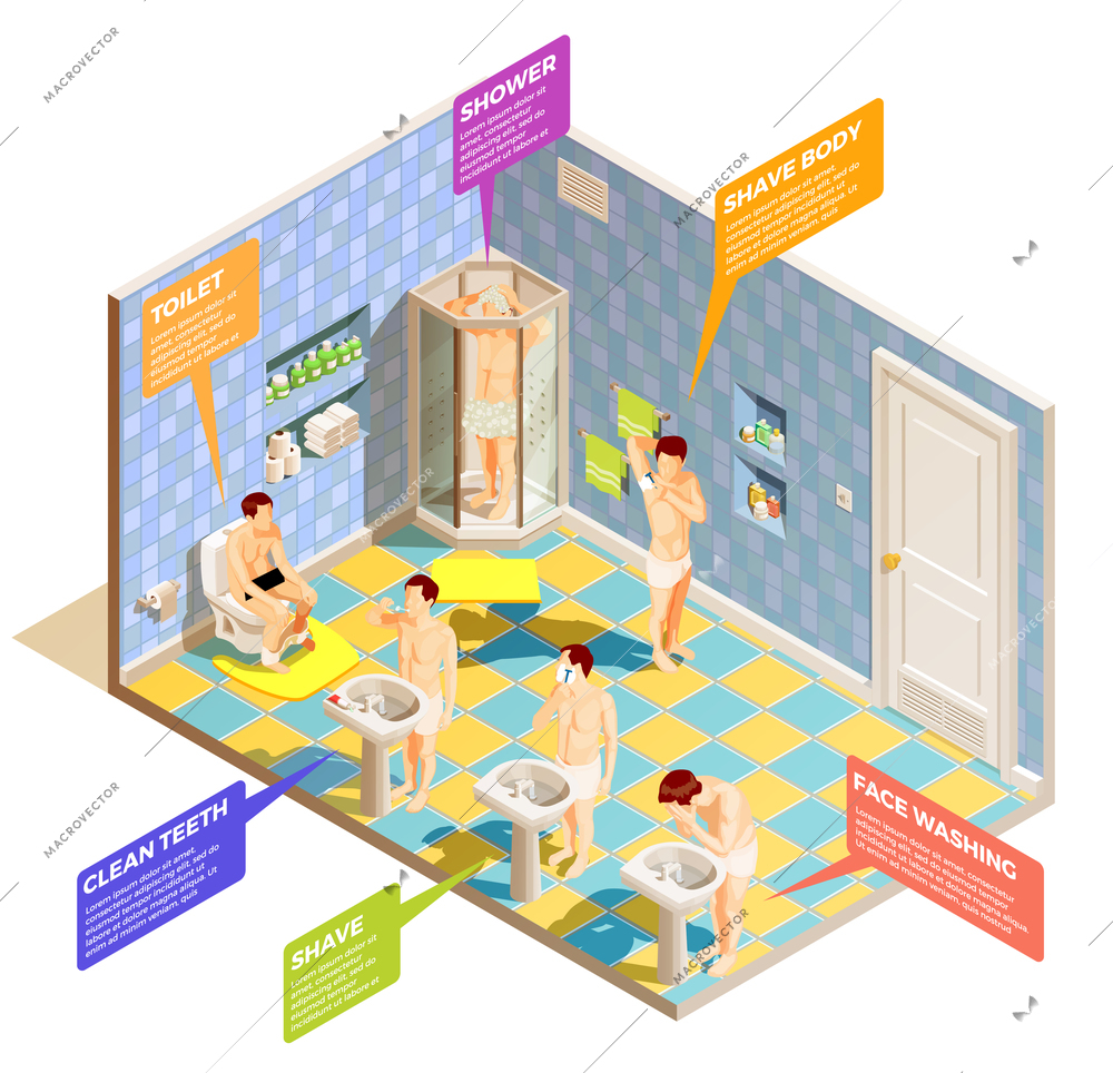 Hygiene isometric composition with bathing room interior and male characters washing face shaving and cleaning teeth vector illustration