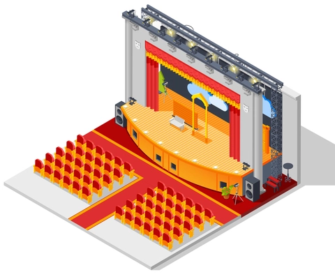 Theatre interior isometric concept with seats stage and curtains vector illustration