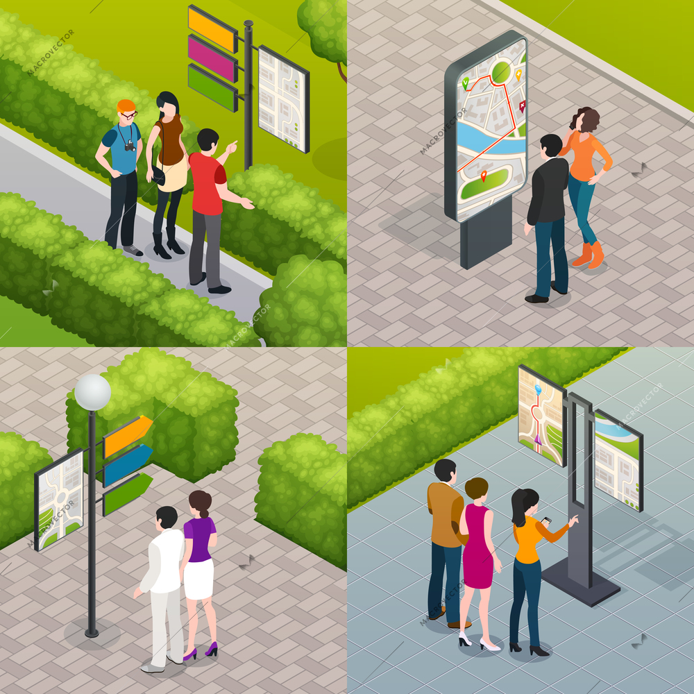 Outdoor city streets plan visitors guides and maps for  tourists 4 isometric icons set isolated vector illustration
