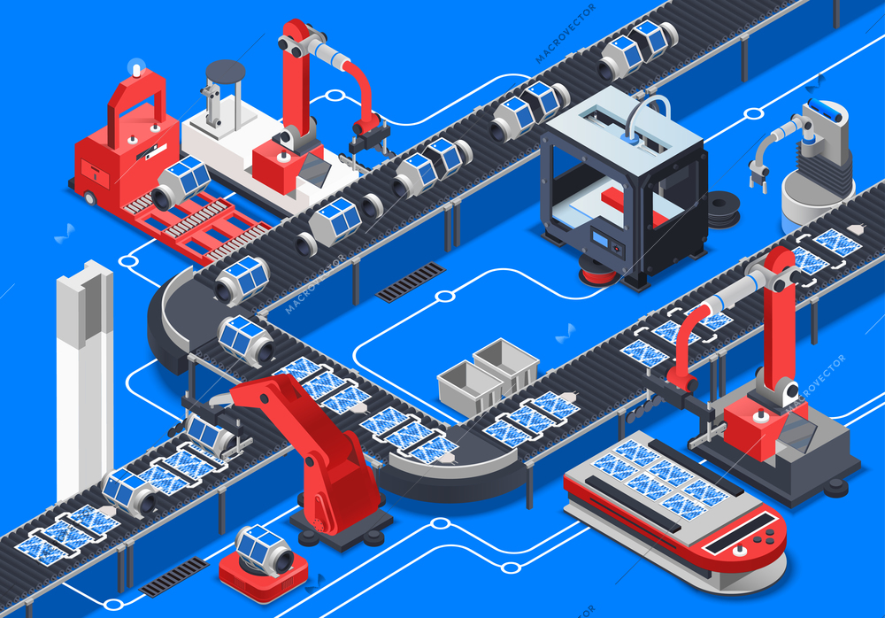 Astronautics research equipment conveyor on blue background isometric vector illustration