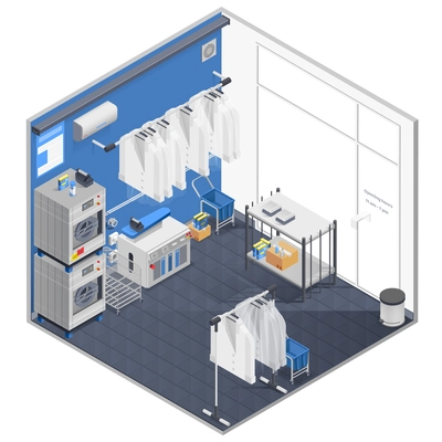 Laundry and dry cleaning isometric concept with washing machines and iron vector illustration