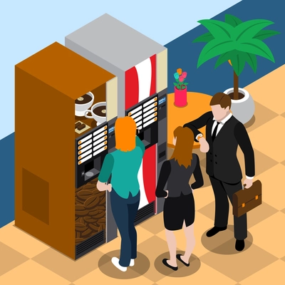 Businessman in black suit looking at watch and girls near coffee vending machine isometric vector illustration