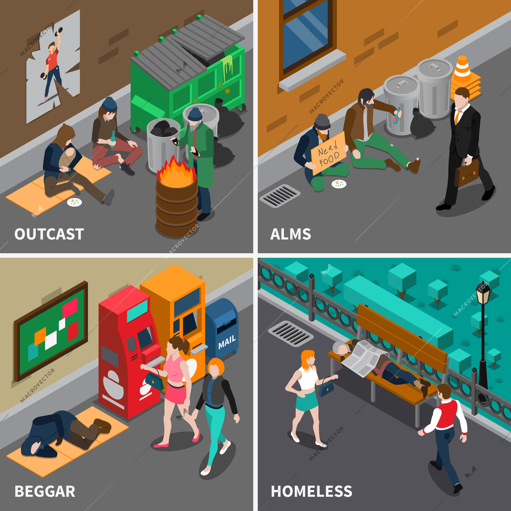 Homeless people isometric design concept including beggars expelled persons with kid needy in food isolated vector illustration