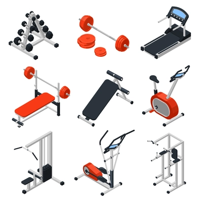 Gym equipment isometric set with training symbols isolated vector illustration