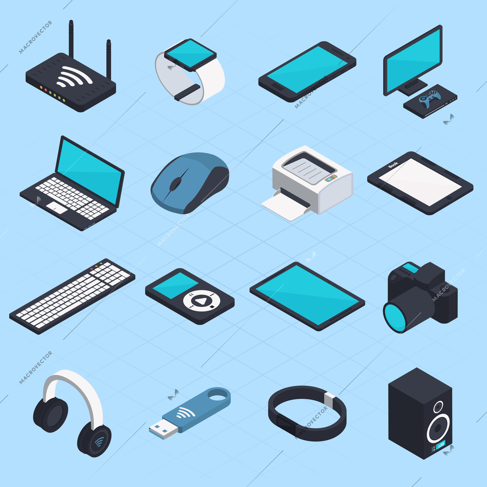 Isometric set of wireless mobile devices with smartphone notebook headphones usb tablet printer mouse modem icons isolated vector illustration