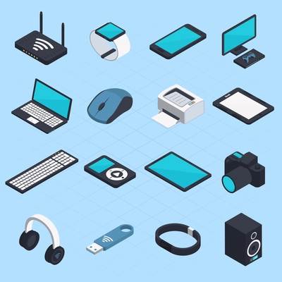 Isometric set of wireless mobile devices with smartphone notebook headphones usb tablet printer mouse modem icons isolated vector illustration