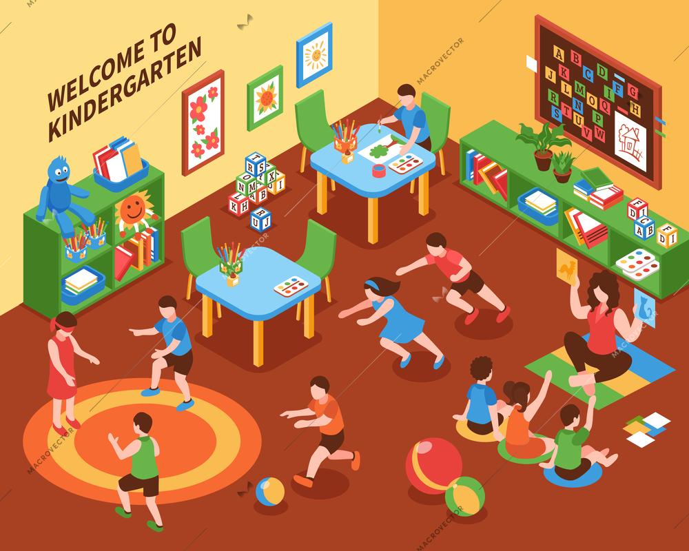 Kindergarten interior isometric composition with children busy mobile games education and creativity vector illustration