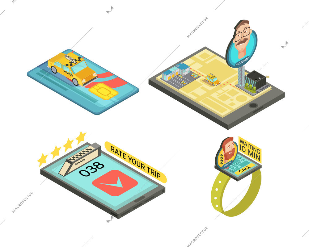 Call taxi by gadgets isometric compositions with car trip rating payment card waiting time isolated vector illustration