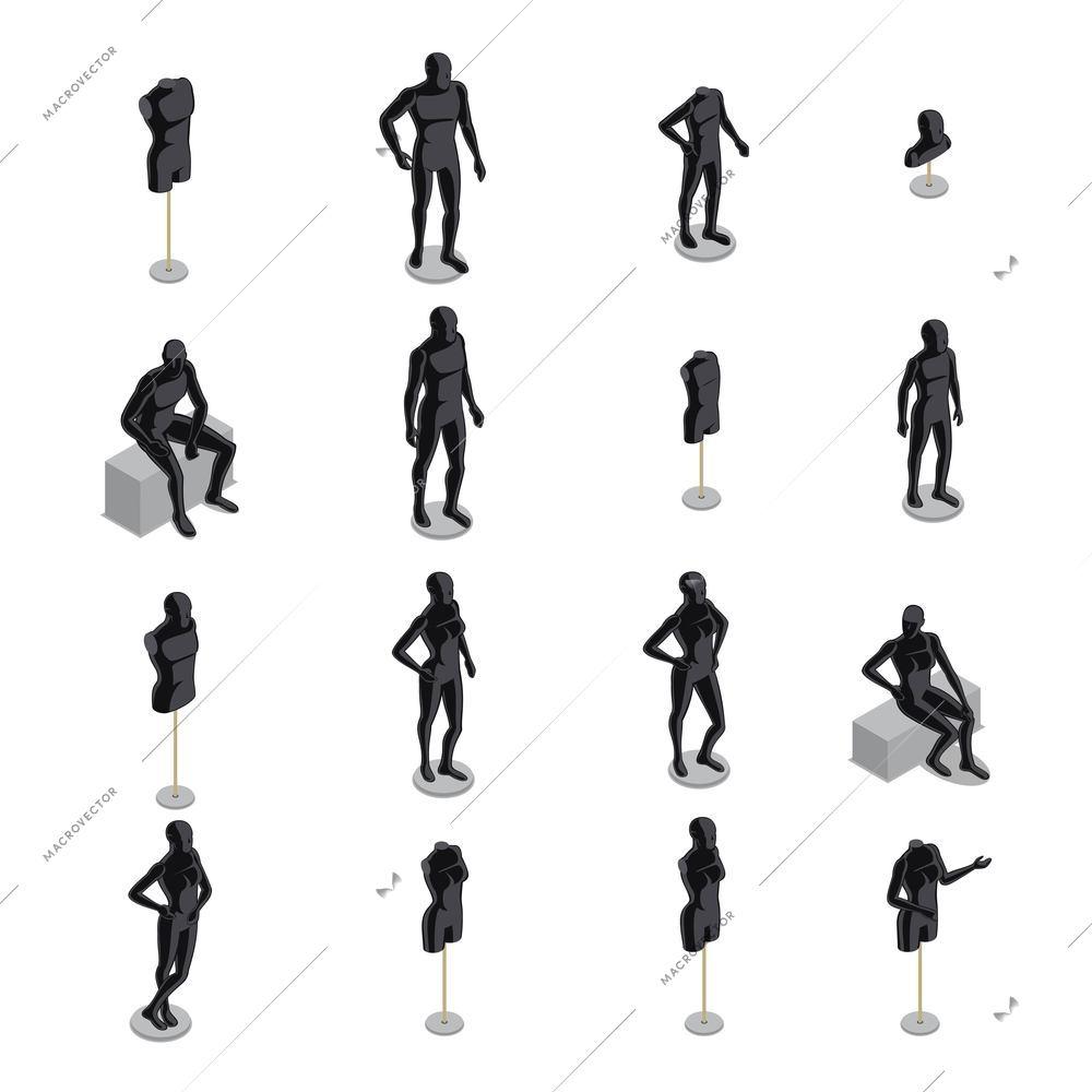 Isometric set of black male and female mannequins in various poses on white background isolated vector illustration