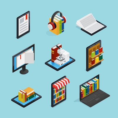 Online books isometric set with listening reading on mobile device internet library and stores isolated vector illustration