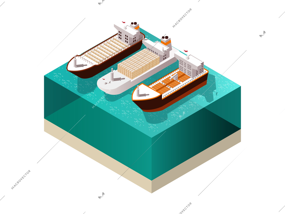 Ships isometric set with three heavily laden cargo boat vessels with shadows on sea water surface vector illustration