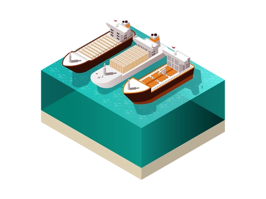 Ships isometric set with three heavily laden cargo boat vessels with shadows on sea water surface vector illustration