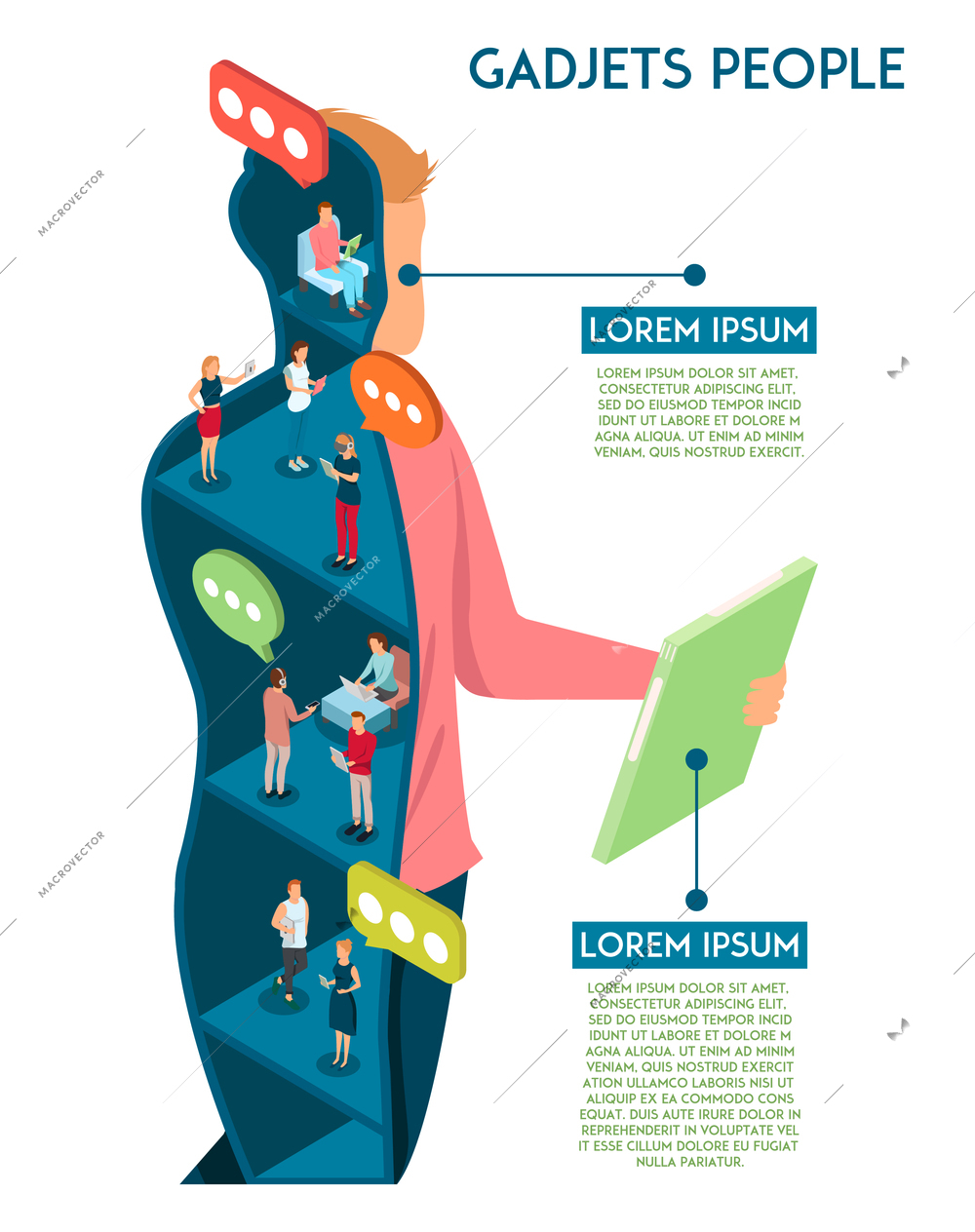 Gadgets human infographics with conceptual composition of male with tablet figure sectional view populated by chatting people vector illustration