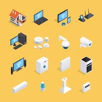 Smart home internet of things iot isometric icons set with computer house conditioner background isolated vector illustration