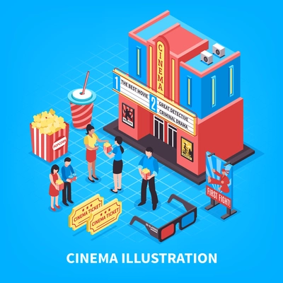 Cinematography isometric design concept with cinema building tickets 3d glasses and people near theatre vector illustration