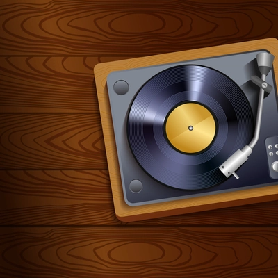 Vintage retro vinyl record player on wooden table background poster vector illustration