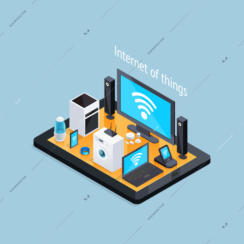 Internet of things isometric composition poster with remote computer controlled household appliances on smartphone screen background vector illustration