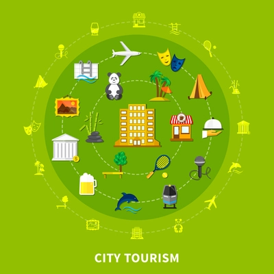 City tourism design concept with landmarks museum exhibits national flora fauna and food round icons set flat vector illustration