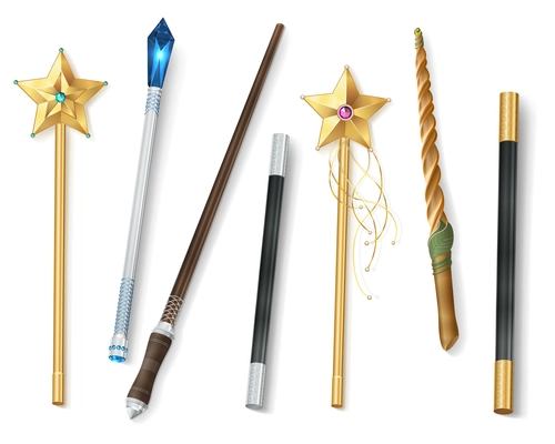 Collection of magic wands of various shapes with stars and jewel realistic vector illustration