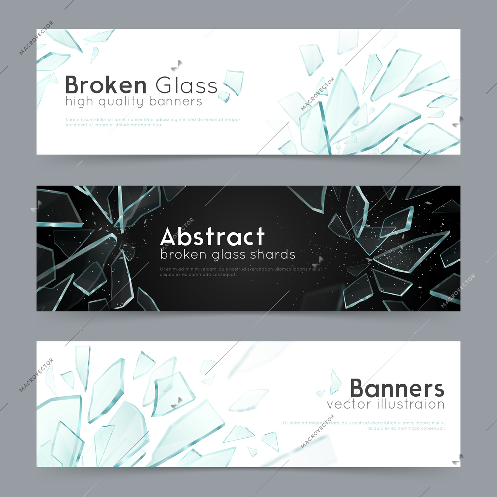 Broken glass shattered fragments on black and white background 3 abstract decorative horizontal banners set vector illustration