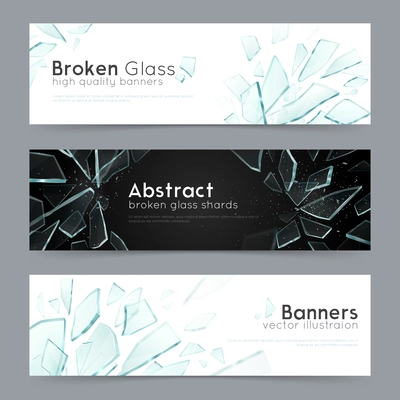 Broken glass shattered fragments on black and white background 3 abstract decorative horizontal banners set vector illustration