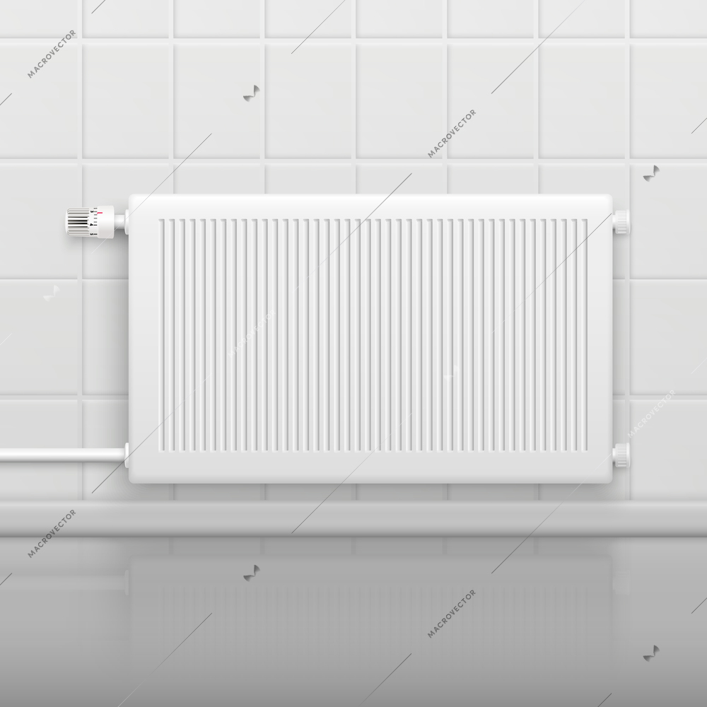 Hor water radiator heating with temperature control knob on tiled wall side view realistic image vector illustration