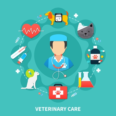Pet care concept with vet and colorful veterinary icons on blue background flat vector illustration