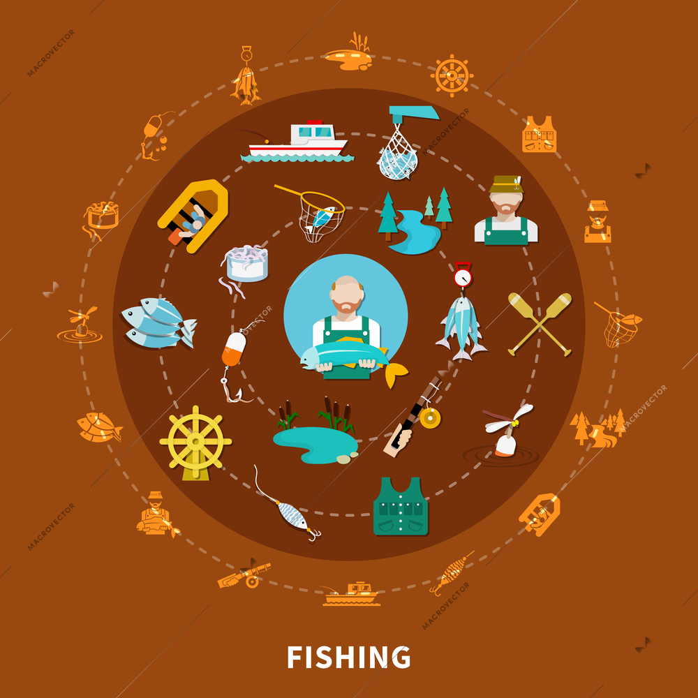 Fishing Gear Equipment Flat Icons Collection Vector Illustration