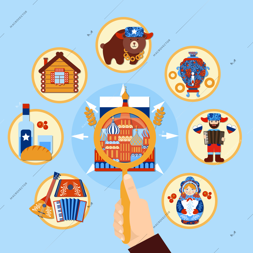 Travel to russia composition with human hand holding magnifying glass souvenirs and national symbols round images vector illustration