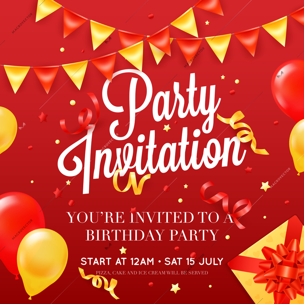 Birthday party invitation card poster template with ceiling balloon decorations and presents red festive background poster vector illustration