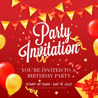 Birthday party invitation card poster template with ceiling balloon decorations and presents red festive background poster vector illustration