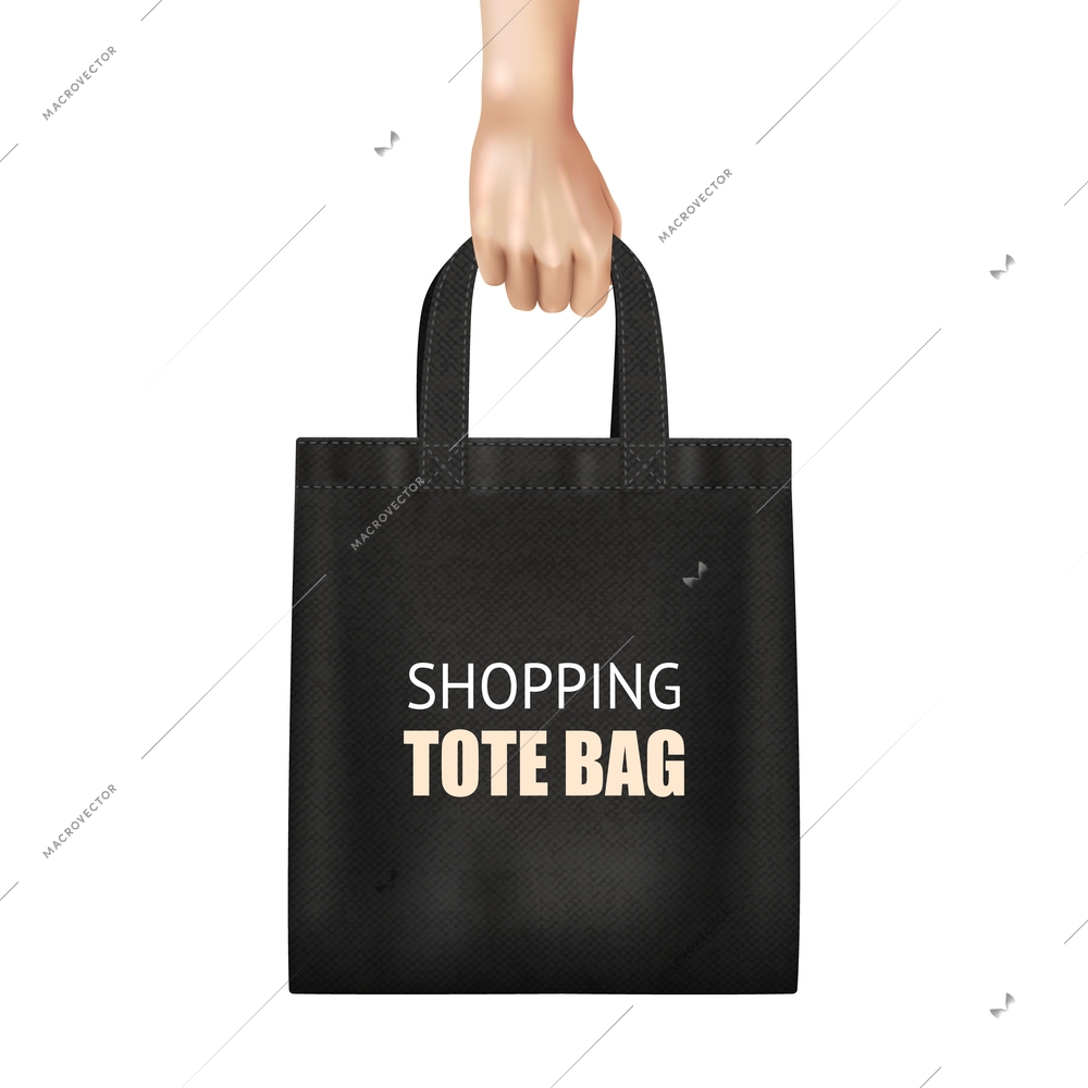 Hand holding fashionable black canvas shopping tote bag with lettering realistic close up view vector illustration