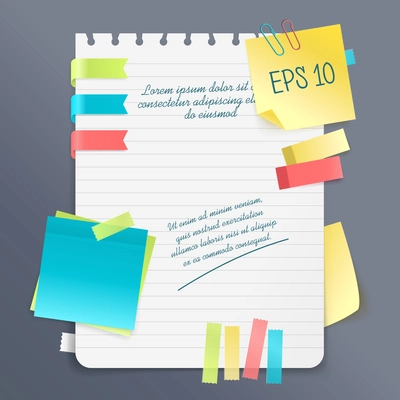 Paper note realistic composition with notepad and sticky sheets of various colors and size vector illustration