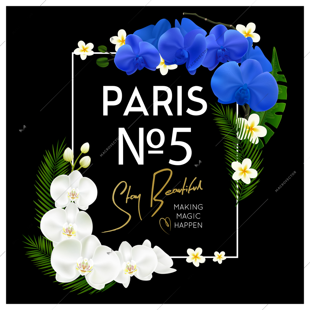 Paris 5 perfume decorative blue and white blooming orchids frame on black background design realistic vector illustration