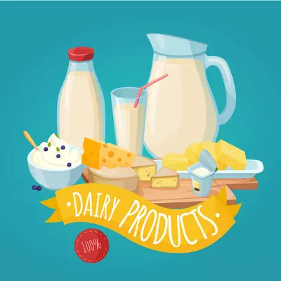 Dairy products poster with milk curd cheese butter yogurt and yellow ribbon on blue background vector illustration