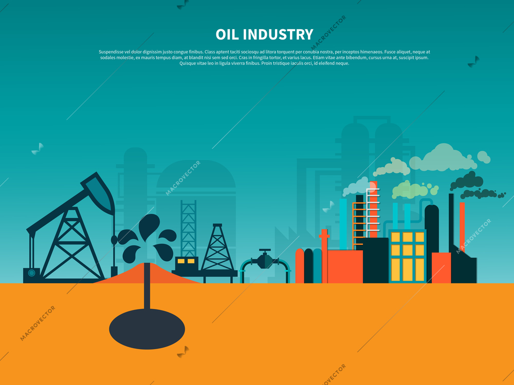 Oil industry background composition with oil well  derricks and petroleum refinery flat images with editable text vector illustration
