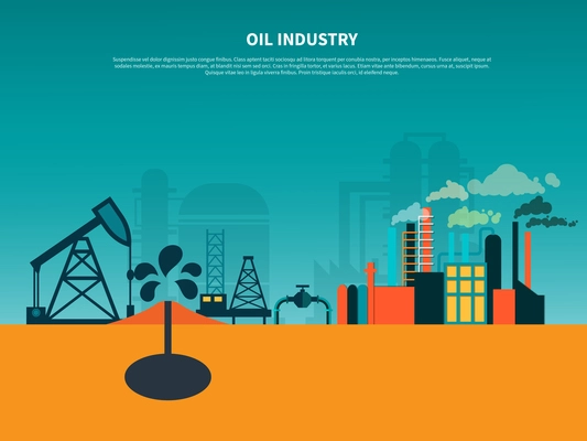 Oil industry background composition with oil well  derricks and petroleum refinery flat images with editable text vector illustration